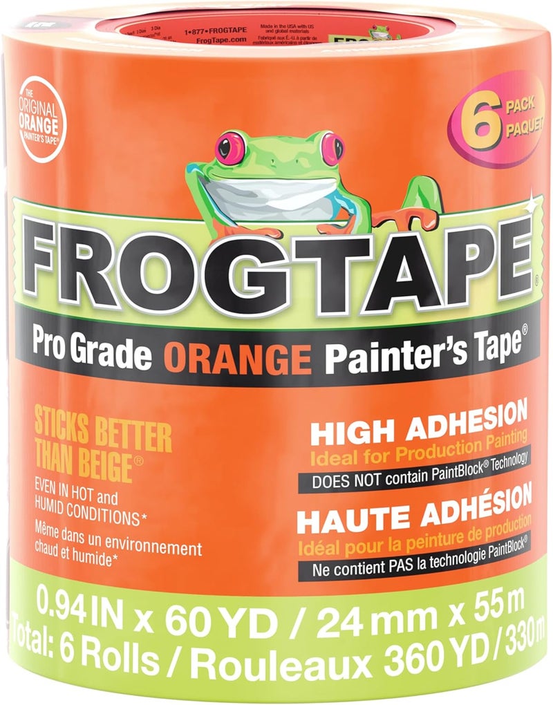 FrogTape شريط طلاء بروغريد برتقالي، بعرض 1 بوصة (0.94 بوصة × 60 ياردة)، لاصق عالي، شريط طلاء للتطبيقات الداخلية والخارجية، برتقالي، 6 لفات (105673) - Image 1